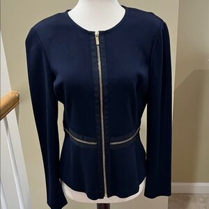 St. John Vintage Navy Blue Zipper Wool Blend Accent Blazer Size 4 EUC